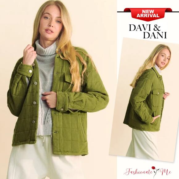 Davi & Dani Mineral Wash Quilted Button Down Chest Pockets Shacket | Olive - Picture 1 of 5